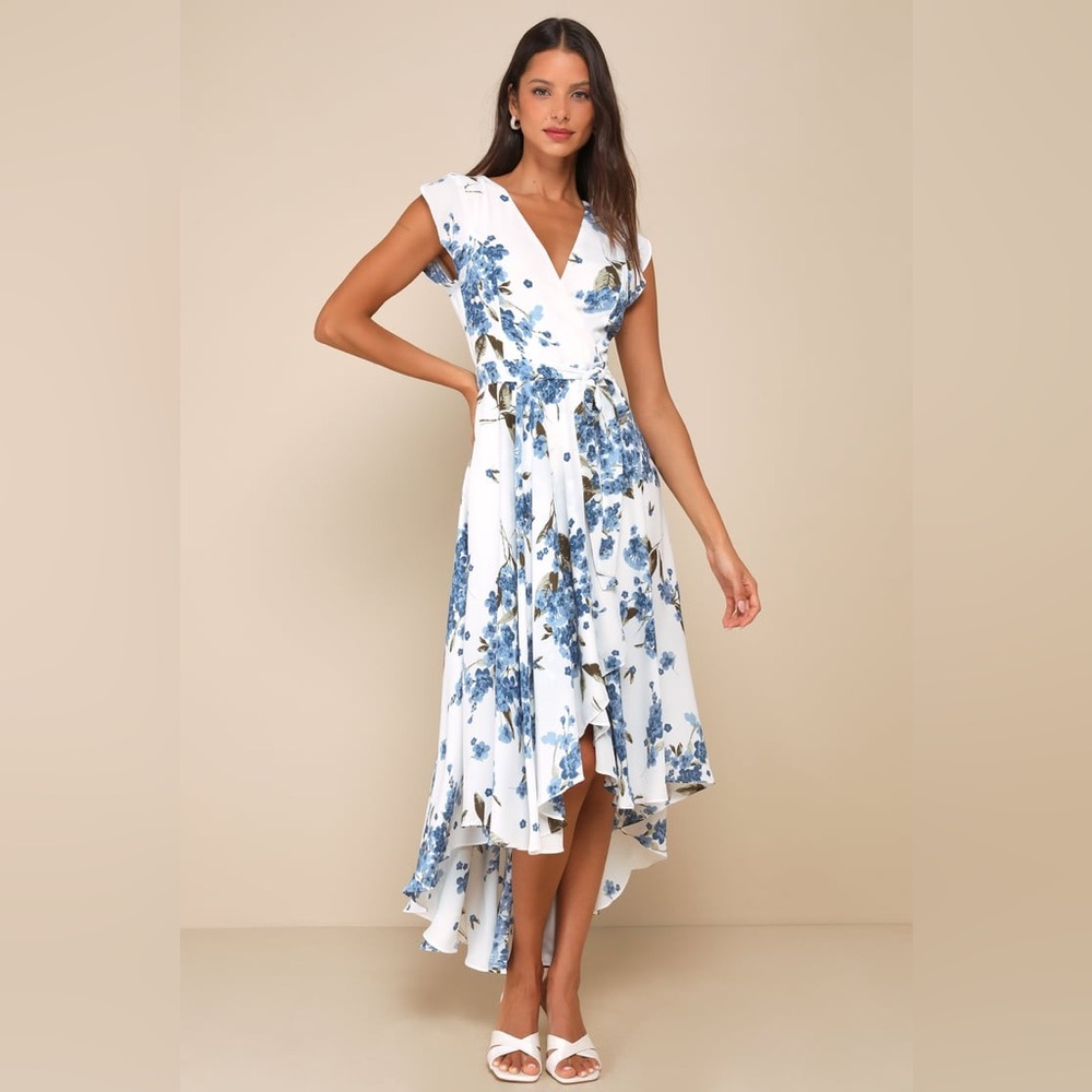 Lulus French Countryside White Floral Print High-Low Dress blue white small